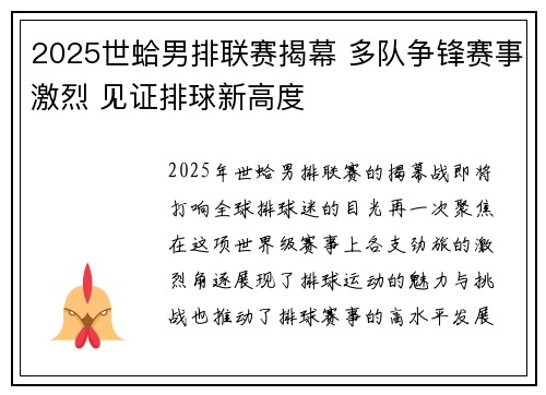 2025世蛤男排联赛揭幕 多队争锋赛事激烈 见证排球新高度
