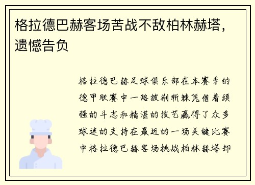 格拉德巴赫客场苦战不敌柏林赫塔，遗憾告负